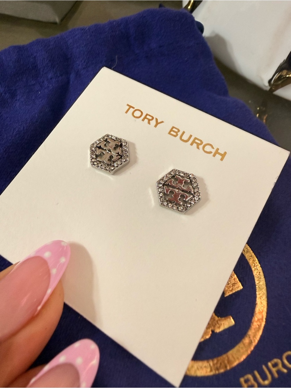 Tory Burch Silver Crystal Hexagon Logo Studs